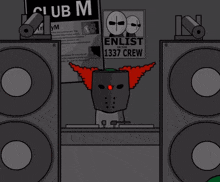 a clown is standing in front of a sign that says club m on it