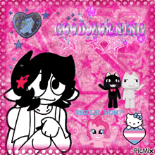 a black and white drawing of a girl with the words good morning smile now on a pink background