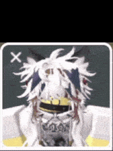 a cartoon character with white hair and a hat with a x on it