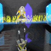 a computer generated image of a girl standing in front of a purple cube