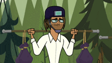 a cartoon character with a helmet and glasses holds a stick over his head