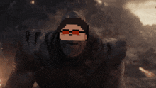 a pixel art drawing of a person wearing sunglasses in front of a large rock