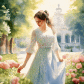 a woman in a white dress is standing in a garden