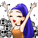 a pixel art illustration of a girl with purple hair raising her arms in the air .