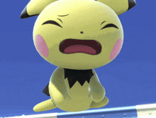 a yellow cartoon character with a pink cheek and a black tail is crying