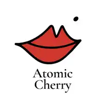 a logo for atomic cherry shows a red mouth