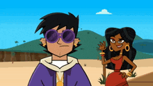 a boy wearing sunglasses stands next to a woman wearing earrings