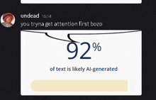 a tweet from undead shows that 92 % of text is likely ai-generated