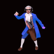 a man in a blue coat with an american flag on it is jumping in the air