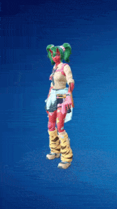 a girl with green hair and red skin is holding a wand in front of a blue sky