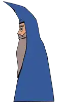 a cartoon of a man with a blue cape and a beard