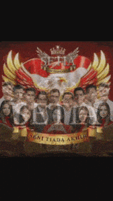 a group of people standing next to each other with a banner that says seni tiada akhir on it