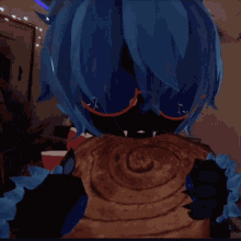 a close up of a cartoon character 's head with blue hair