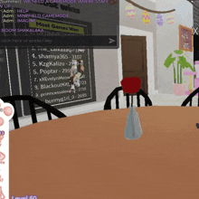 a screenshot of a video game shows a table with chairs and a sign that says " most games won "