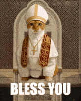 a cat dressed as a pope is sitting on a throne with the words bless you behind it