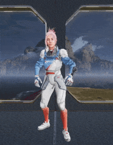 a woman with pink hair is wearing a blue and white outfit with the word rift on the front