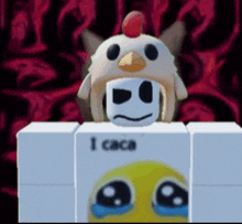 a chicken hat with a marshmallow face on top of it says i caca