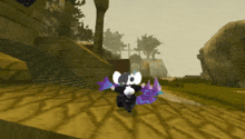 a video game character with purple wings is walking through a field