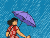 a cartoon of a woman holding a purple umbrella in the rain