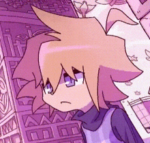 a close up of a cartoon character with a purple background