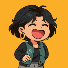 a cartoon drawing of a girl with a letter p on her jacket