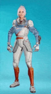 a woman in a futuristic outfit with the word rift on her shirt