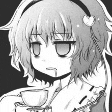 a black and white drawing of a girl holding a cup of tea and making a face .