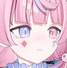 a girl with pink hair and blue eyes has a diamond on her face