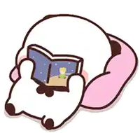 a cartoon panda is reading a book while laying on a pillow .