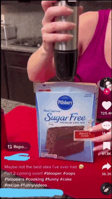 a box of pillsbury sugar free cake mix is being mixed in a blender