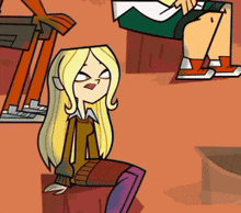 a cartoon girl with blonde hair is sitting on a block