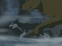 two cartoon dogs are running in the snow .