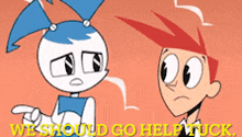 two cartoon characters are standing next to each other with the words we should go help tuck written below them