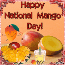 a happy national mango day greeting with a picture of mangoes