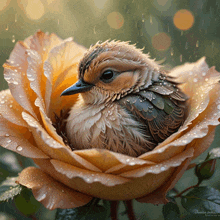 a small bird is sitting inside of a rose with water drops on the petals