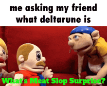two stuffed animals are sitting on a red couch talking to each other with the caption " me asking my friend what deltarune is