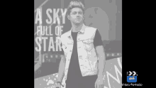 a black and white photo of a man with the words a sky full of stars above him