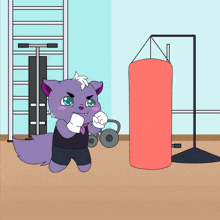 a cartoon drawing of a purple cat boxing in a gym