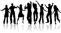 a silhouette of a group of people dancing with their hands in the air