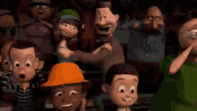 a group of cartoon characters are sitting in a crowd .