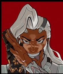 a cartoon drawing of a woman with white hair covering her face