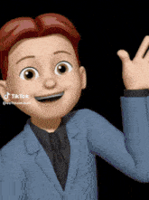 a cartoon boy in a suit and tie with a tiktok sticker on his face