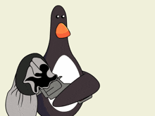 a cartoon penguin is holding a gun with the letter m on the barrel