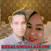 a man and a woman are posing for a picture with the words assalamualaikum behind them