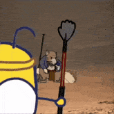 a cartoon drawing of a cat holding a spear in the desert