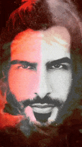 a close up of a man 's face with a beard and a red background