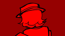 a red and black drawing of a cartoon character with the number 0 in the corner