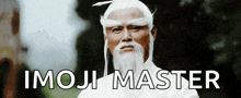 a man with a beard and white hair is standing in front of a sign that says `` moji master '' .