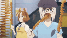 a couple of anime characters standing next to each other with one wearing glasses