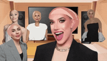 a woman with her tongue hanging out stands in front of a tv